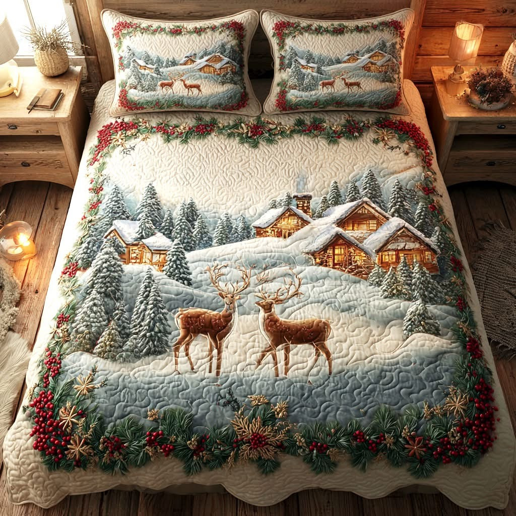 Holly Reindeer Christmas Quilted Bedding Set Deer Xmas Duvet Cover Best Holiday Gift Ideas