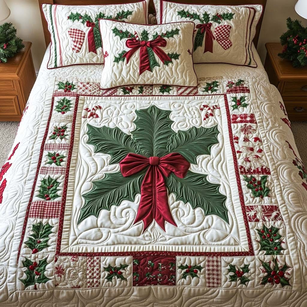 Holly Star Bow Christmas Quilt Bedding Set Duvet Cover Holiday Bedspread Set Spring Gifts