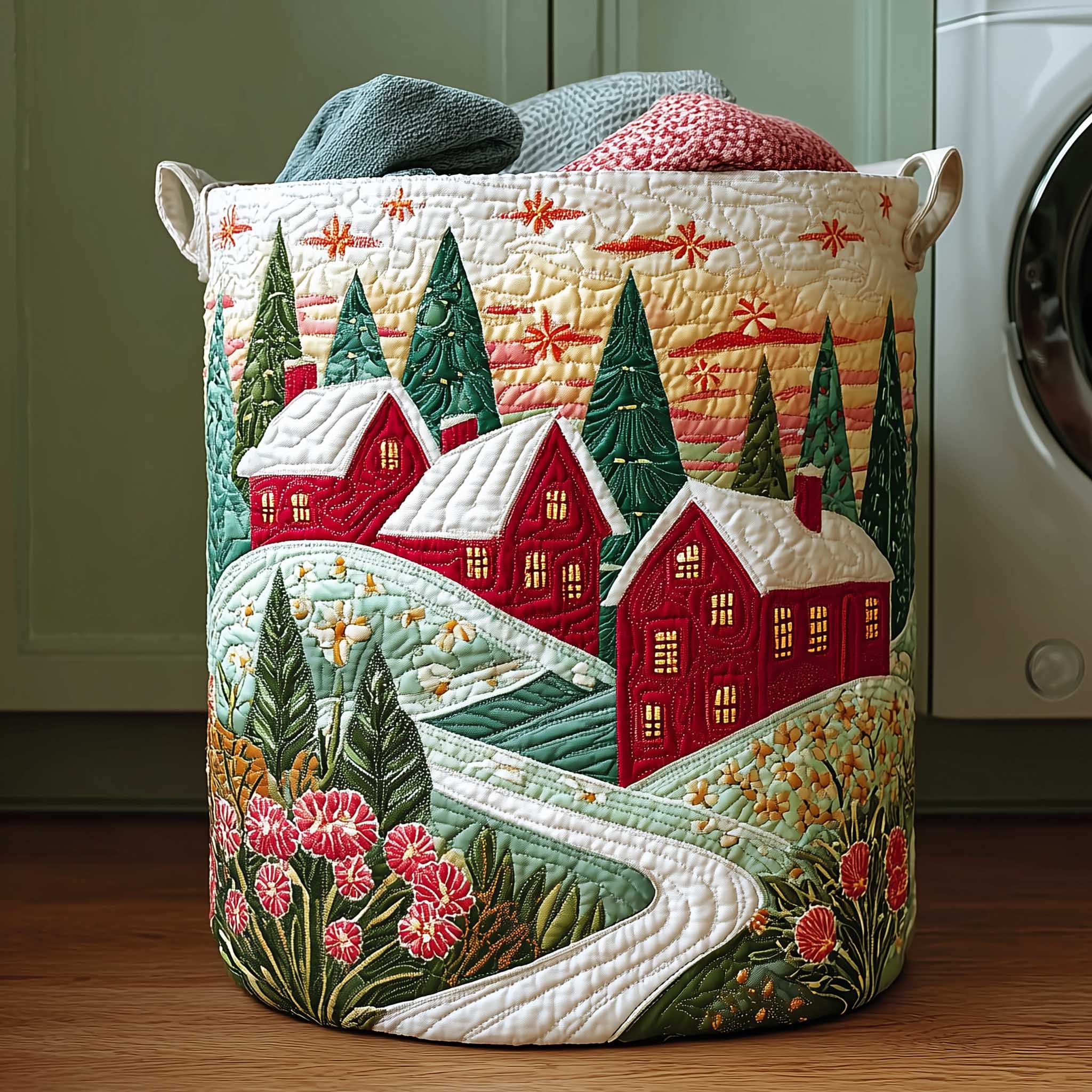 Holly Town Quilted Laundry Basket Laundry Hamper Grandma Grandpa Christmas Gifts