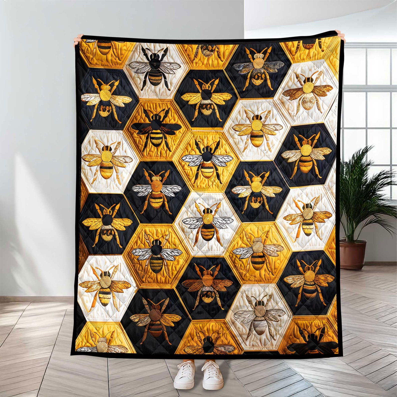 Honey Bee Quilt Blanket Hexagon Beehive Pattern Throw Blanket Home Decor Bee Themed Gifts