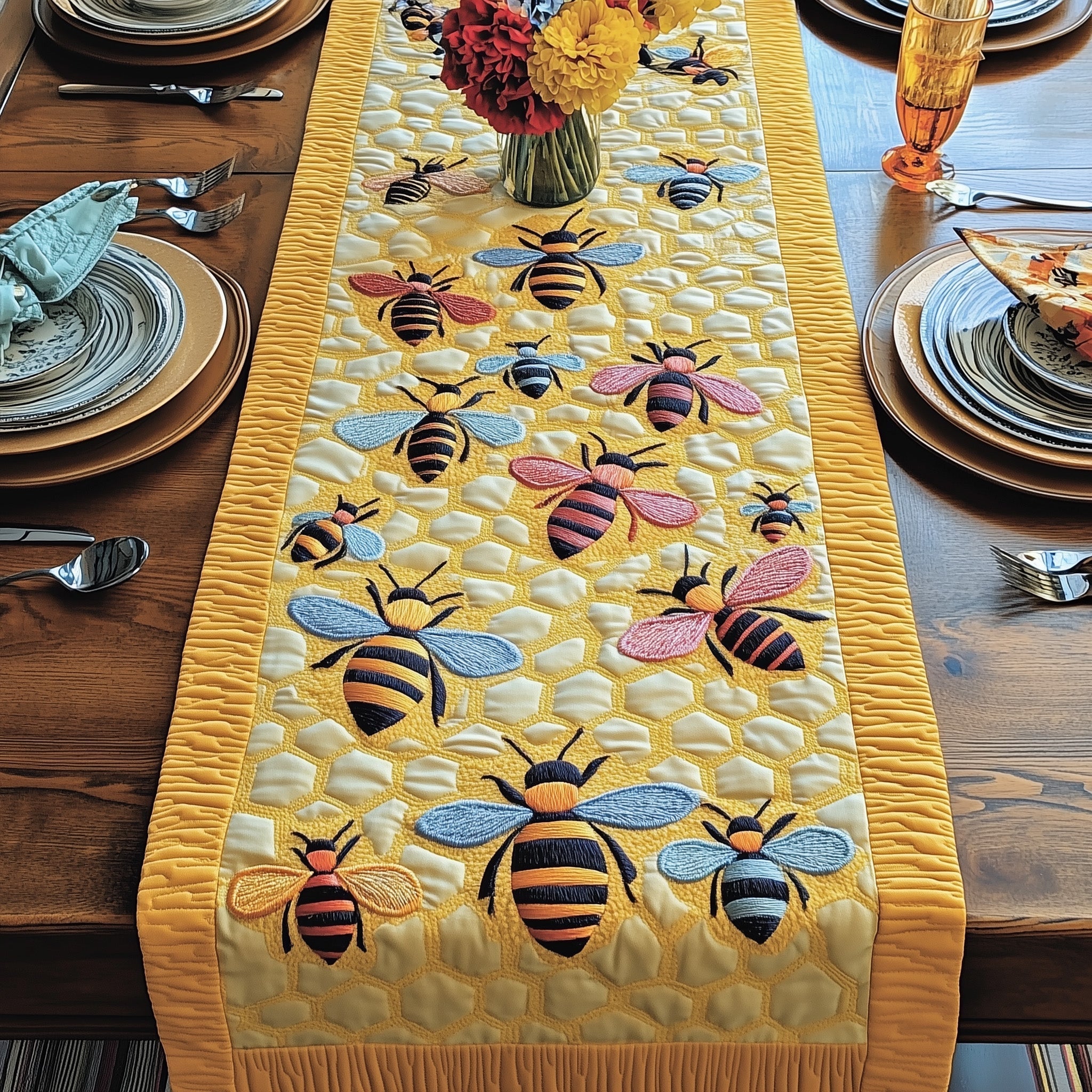 Honeybee Harmony Quilted Table Runner Kitchen Table Decor Bee Items Gifts