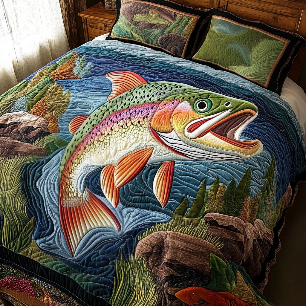 Hooked on Trout Quilted Bedding Set Cute Bedroom Decor Items Stuff For Fishing Lovers