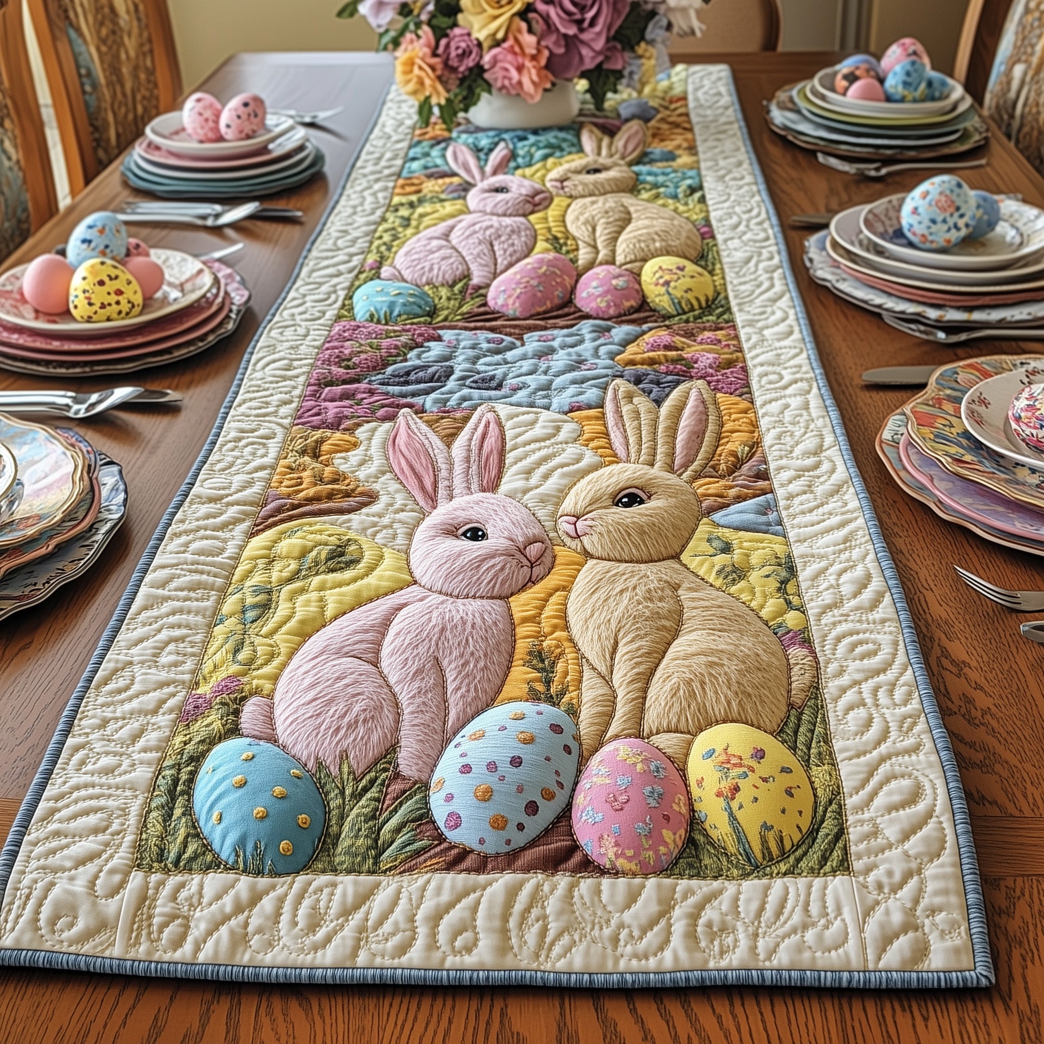 Hoppy Easter Quilted Table Runner Easter Themed Table Runner Bunny Gifts For Adults