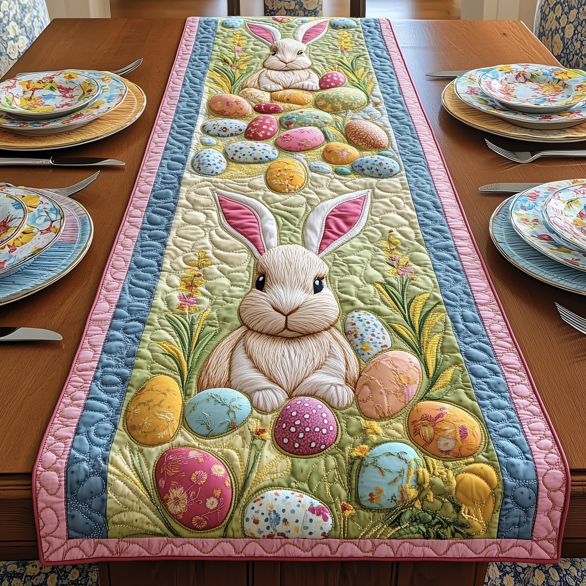 Hoppy Easter Quilted Table Runner Spring Easter Table Runner Gifts For Rabbit Owners