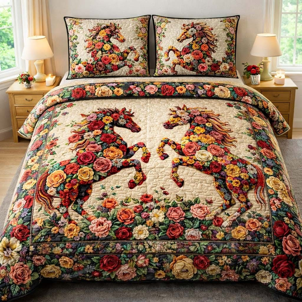 Horse Floral Quilted Bedding Set Rose Romance Duvet Cover Set Valentine Day Gifts Ideas