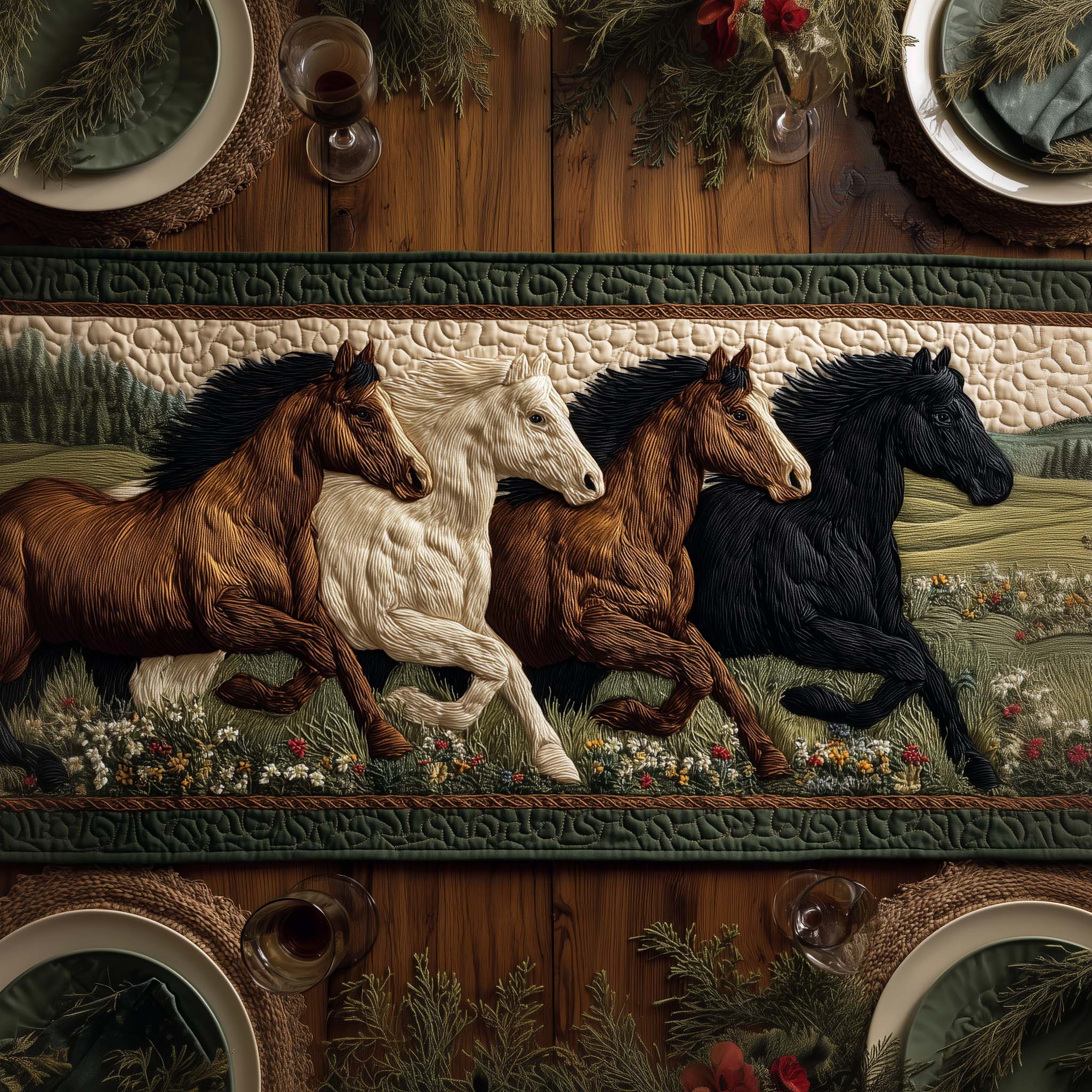 Horse Parade Quilted Table Runner Dining Room Decor Ideas Gifts For Western Lovers