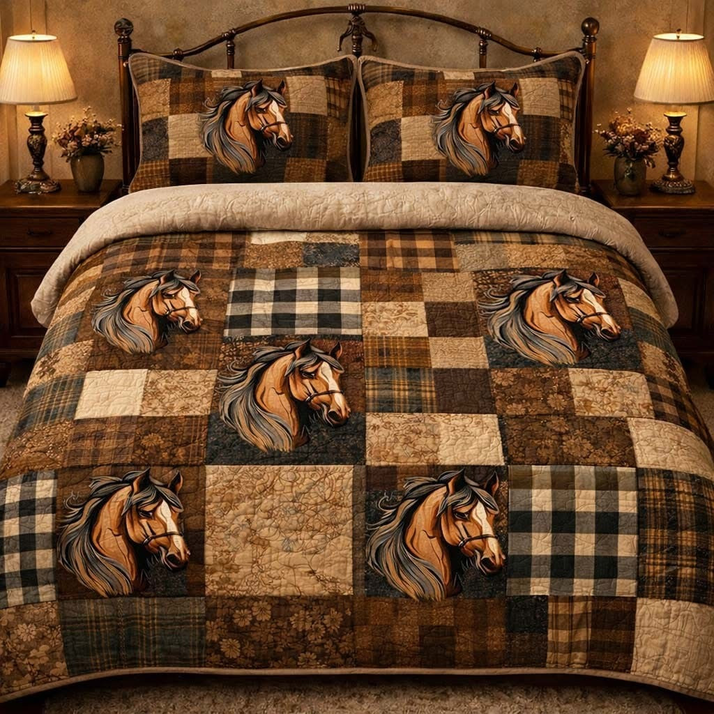 Horse Patchwork Quilted Bedding Set Rustic Themed Duvet Cover Set Gifts For Horse Lovers