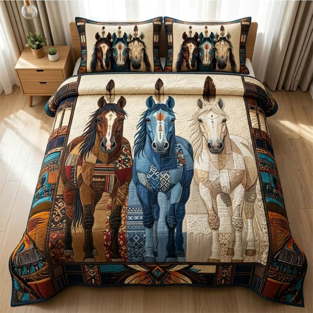 Horse Prairie Soul Runner Quilted Bedding Set Native American Bedspread Set Gifts For Dad