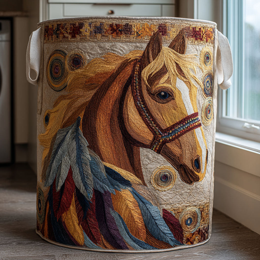Horse Shine Quilted Laundry Basket Brown Horse Hamper Fabric Rustic Farmhouse Gift