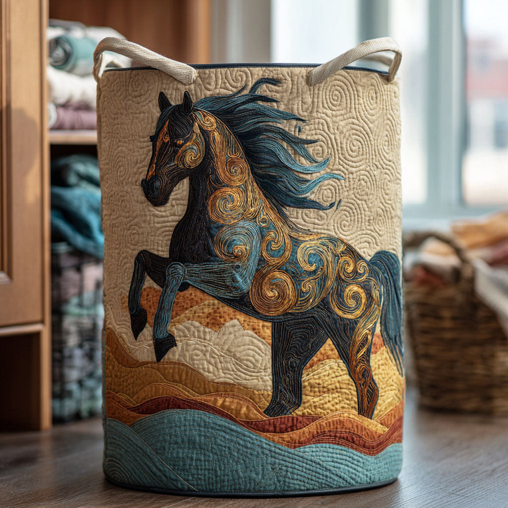Horse Whisper Quilted Laundry Basket Running Horse Hamper Fabric Rustic Farm Gift