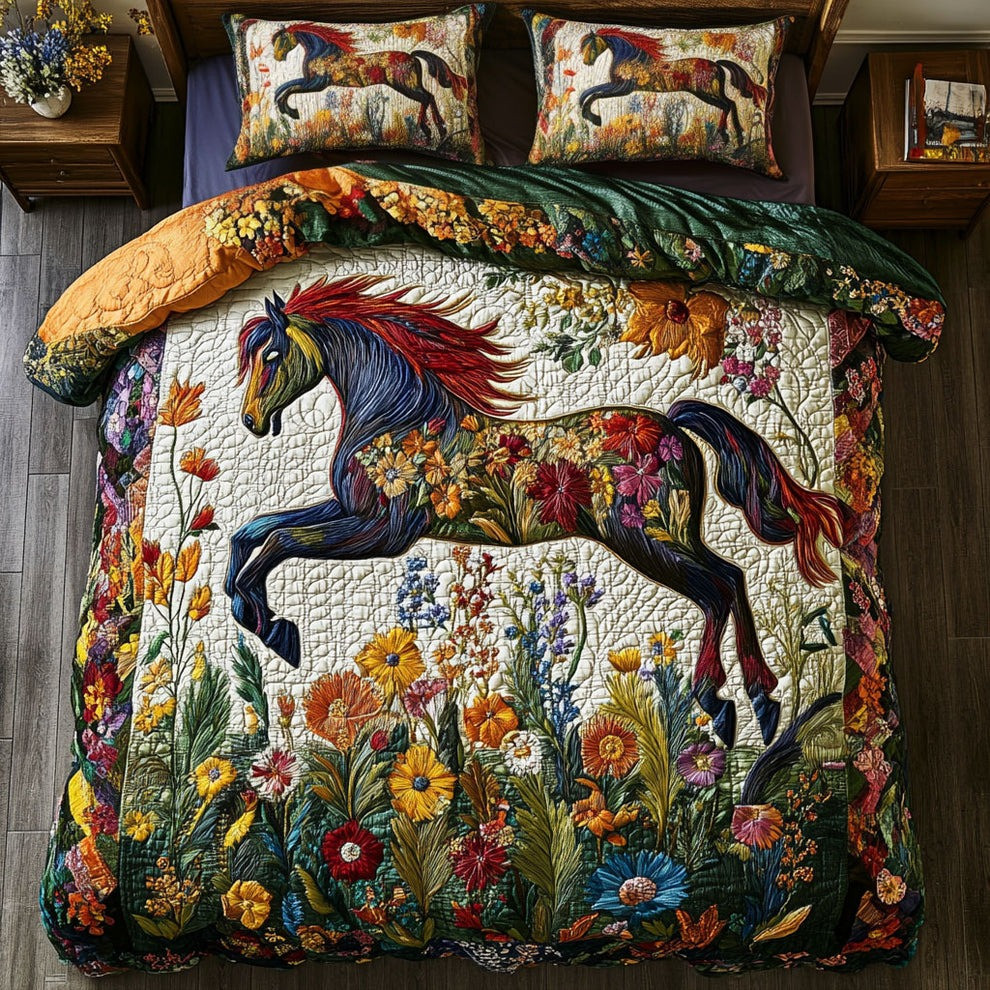 Horse Whispering Garden Quilted Bedding Set Floral Themed Bedspread Set Horse Lovers Gifts