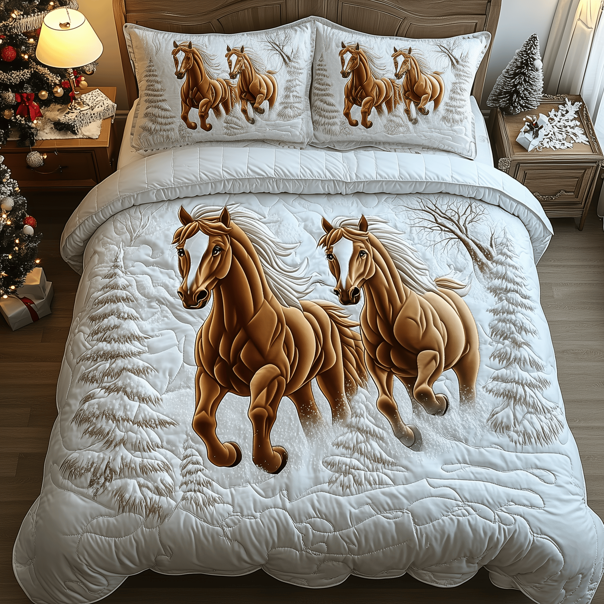 Horses Frosty Trail Quilted Bedding Set Xmas Duvet Sets Horse Themed Presents