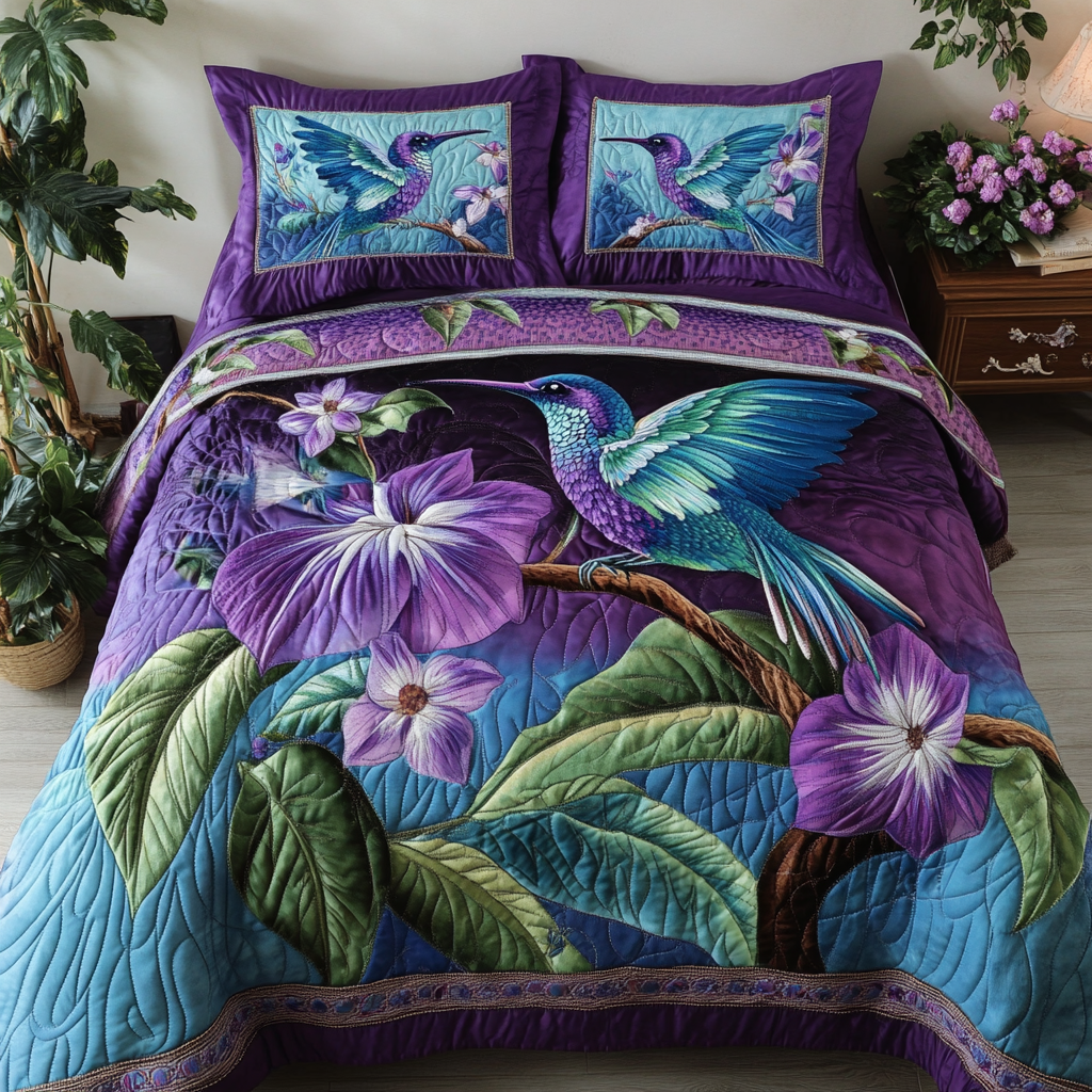 Humming Bloom Quilted Bedding Set Cute Bedroom Decor Hummingbird Birthday Gift Ideas
