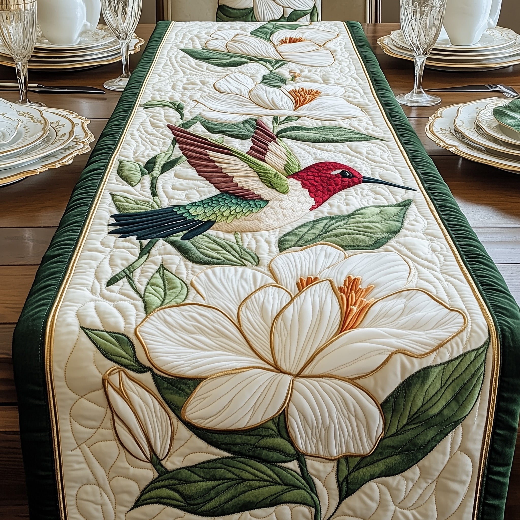 Hummingbird Among Magnolias Quilted Table Runner Table Runner For Dining Table Hummingbird Gifts For Women