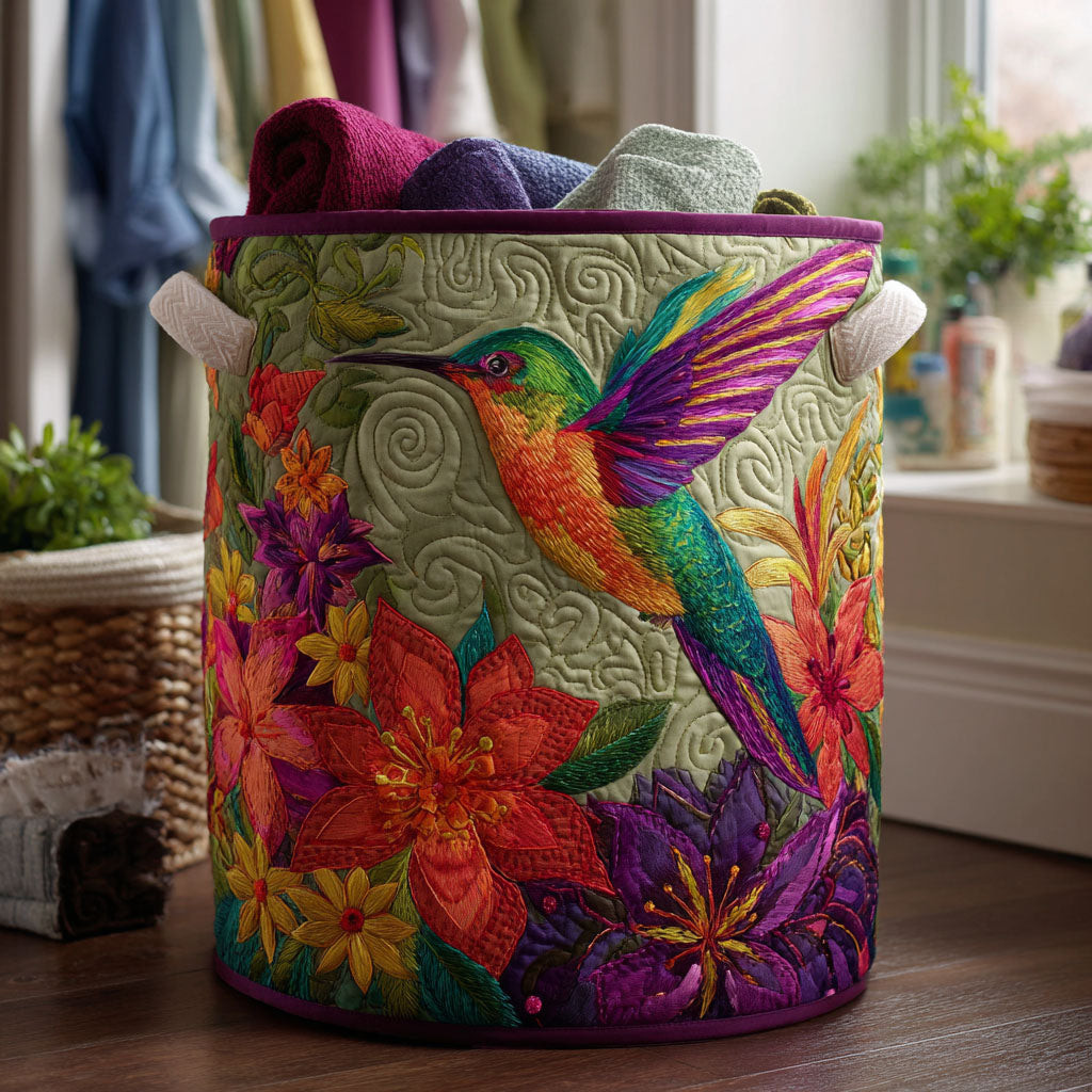 Hummingbird Bloom Quilted Laundry Basket Tropical Bird Clothes Hamper Gift For Wife
