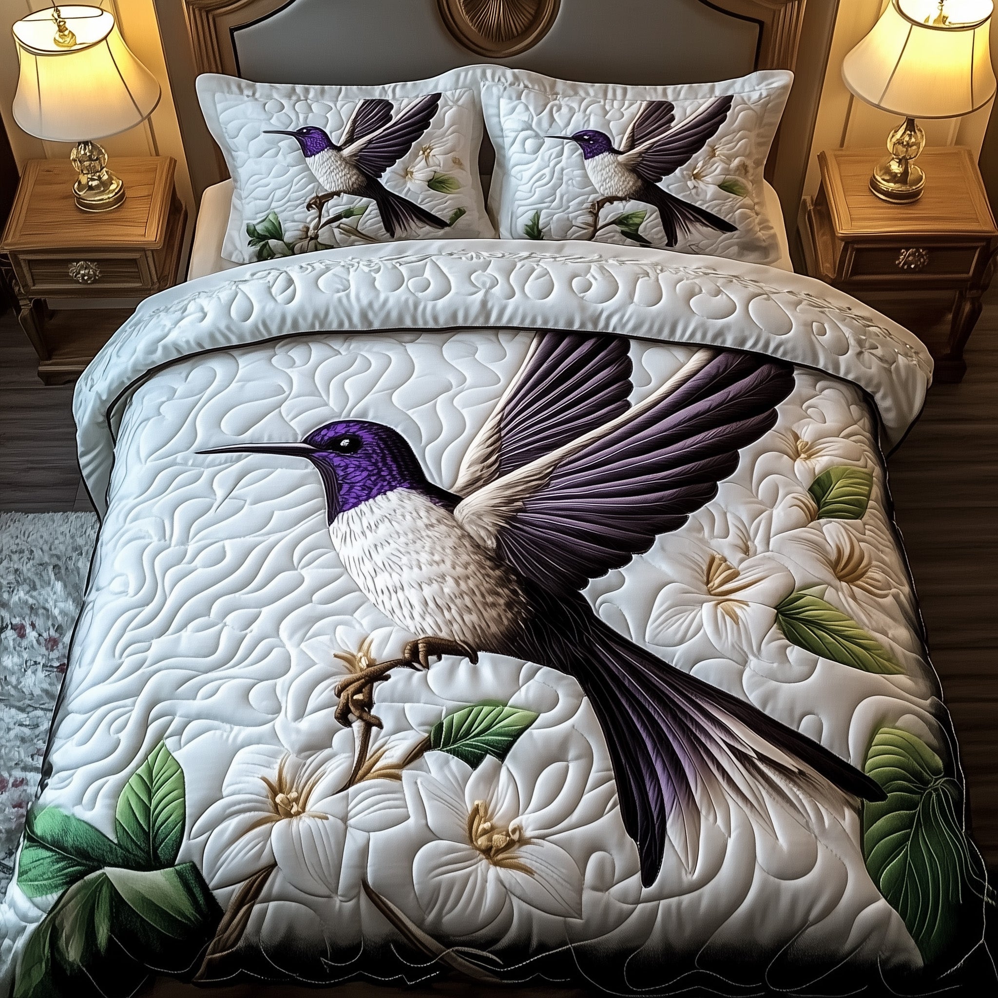 Hummingbird Bloom Symphony Quilted Bedding Set Best King Sheet Set Best Hummingbird Christmas Gifts
