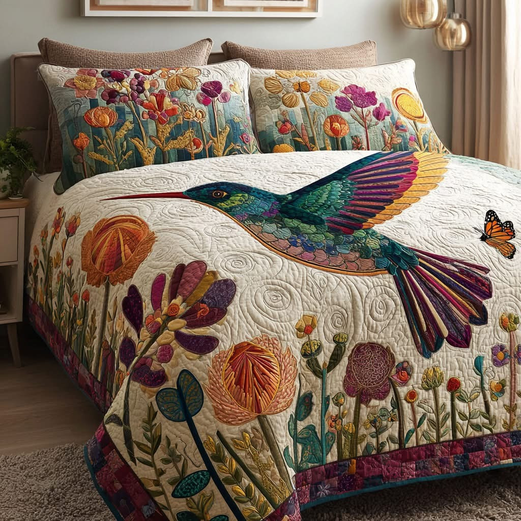 Hummingbird Blooming Wings Quilted Bedding Set Vibrant Floral Bedspread Set Gifts For Mom