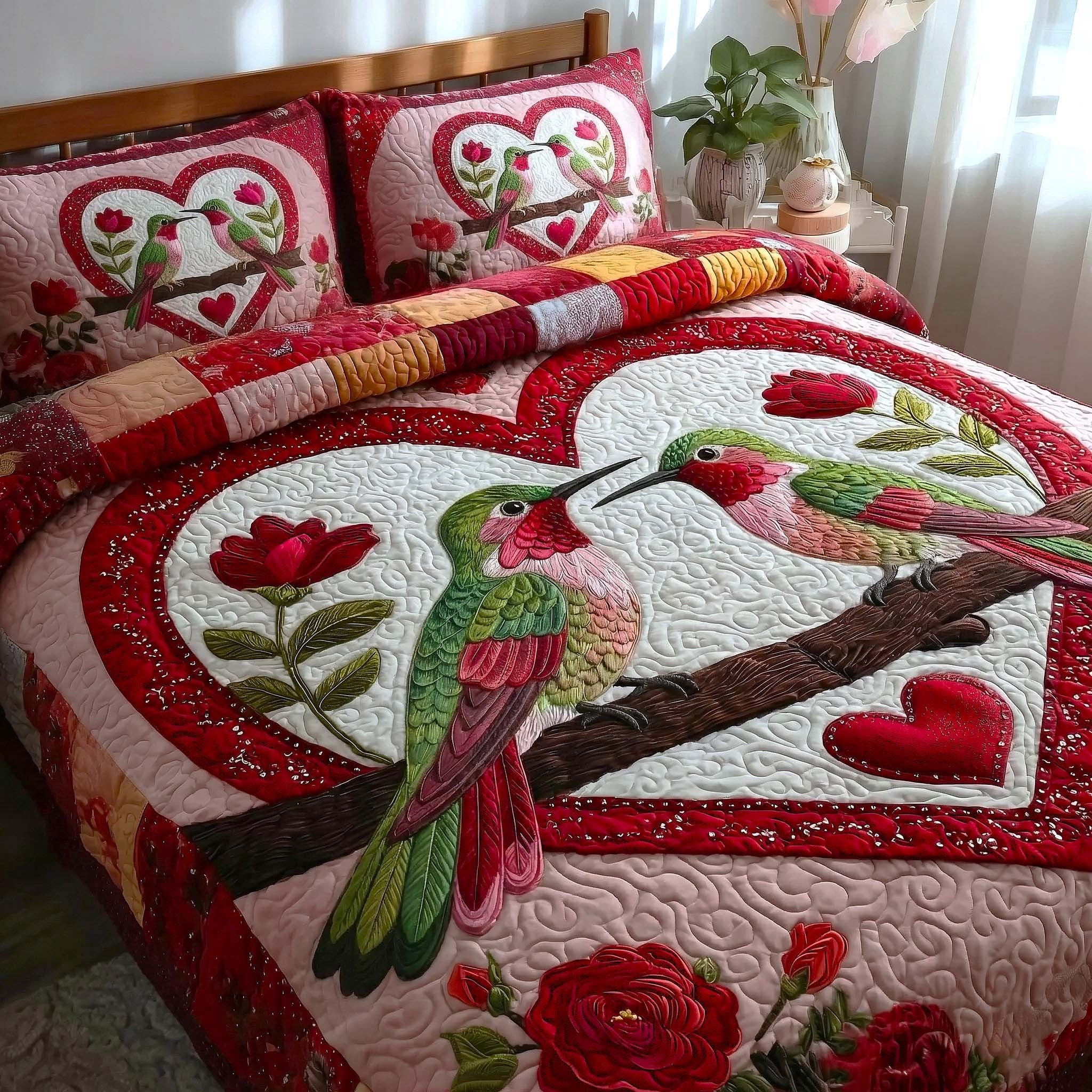 Hummingbird Blushing Heart Floral Quilted Bedding Set Valentine Day Bedroom Decor
