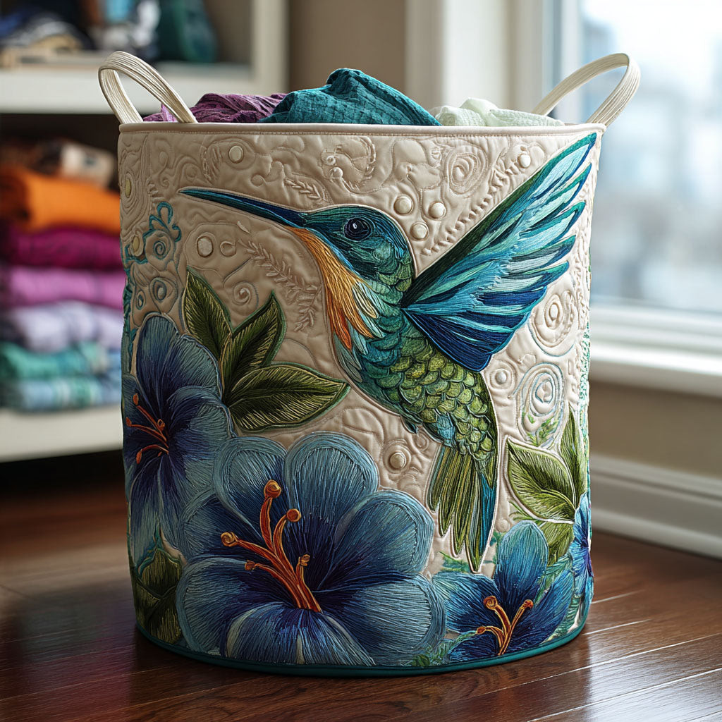 Hummingbird Charm Quilted Laundry Basket Floral Bird Clothes Hamper Nature Lover  Gift