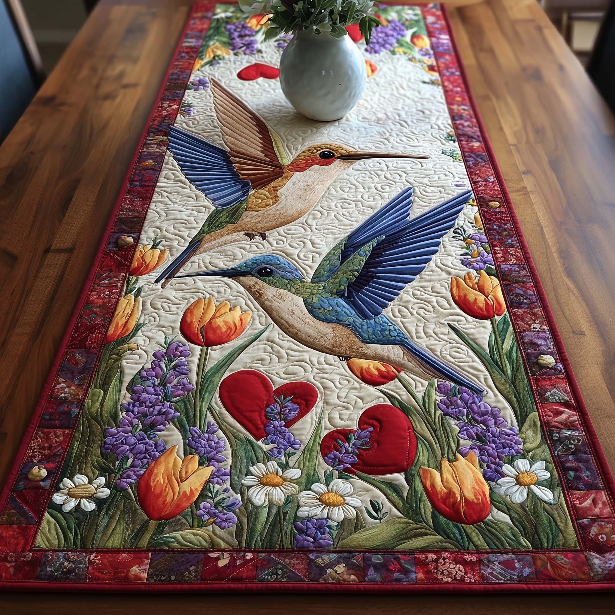 Hummingbird Charm Quilted Table Runner For Dining Table Gifts For Hummingbird Lovers