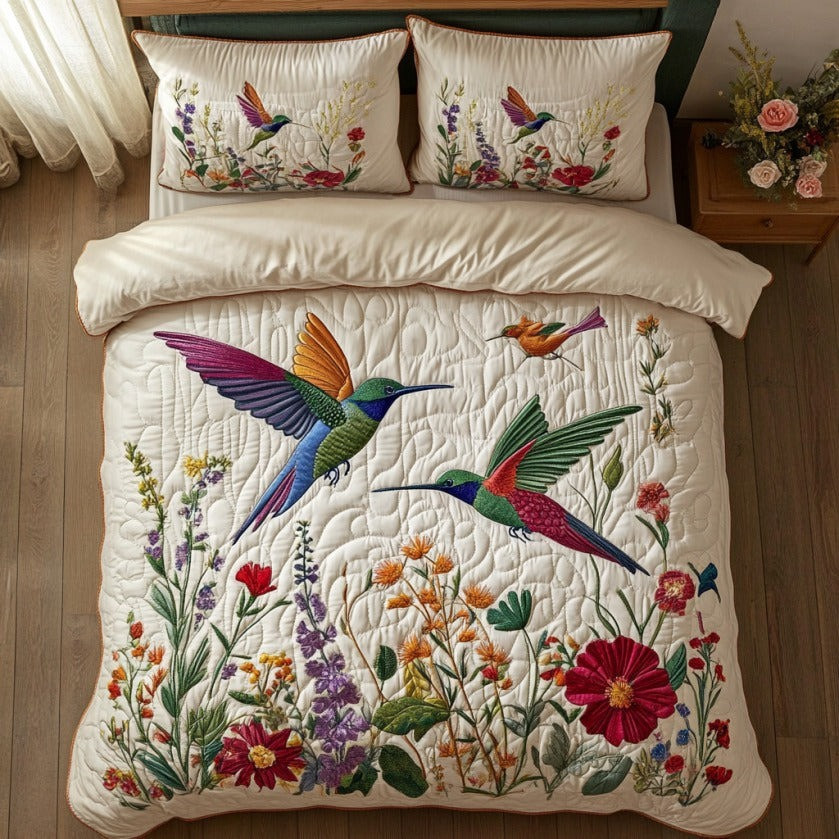 Hummingbird Couple Floral Quilted Bedding Set Bedroom Decor Ideas Gifts For Bird Lovers