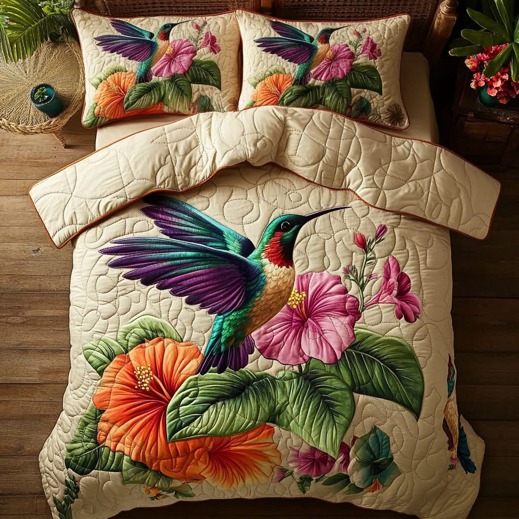 Hummingbird Floral Quilted Bedding Set Hibiscus Floral Bohemian Tropical Bedroom Decor