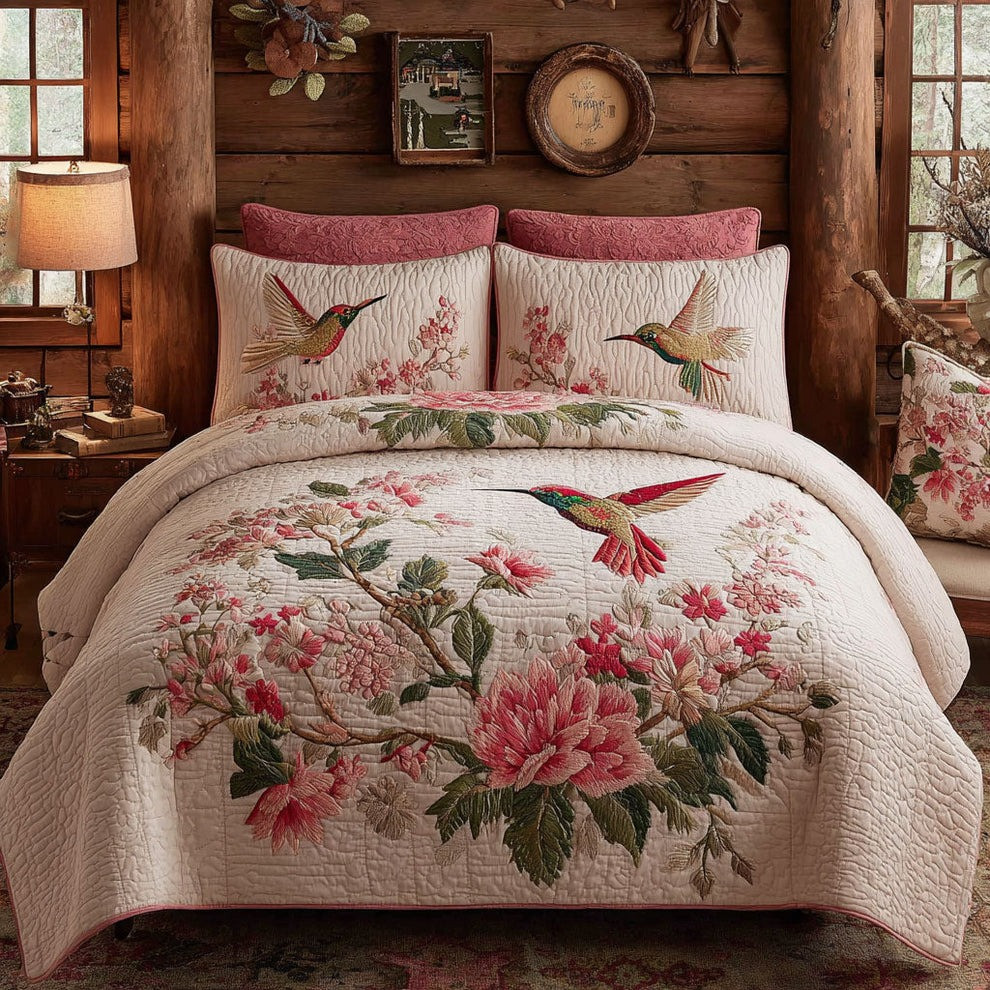 Hummingbird Floral Quilted Bedding Set Nature Inspired Bedroom Decor Gifts