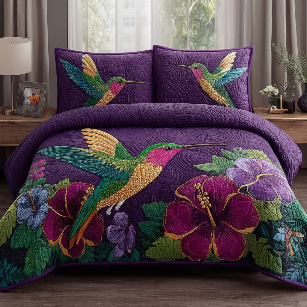 Hummingbird Garden Jewel Quilted Bedding Set Vibrant Bedspread Set Best Gifts For Grandma