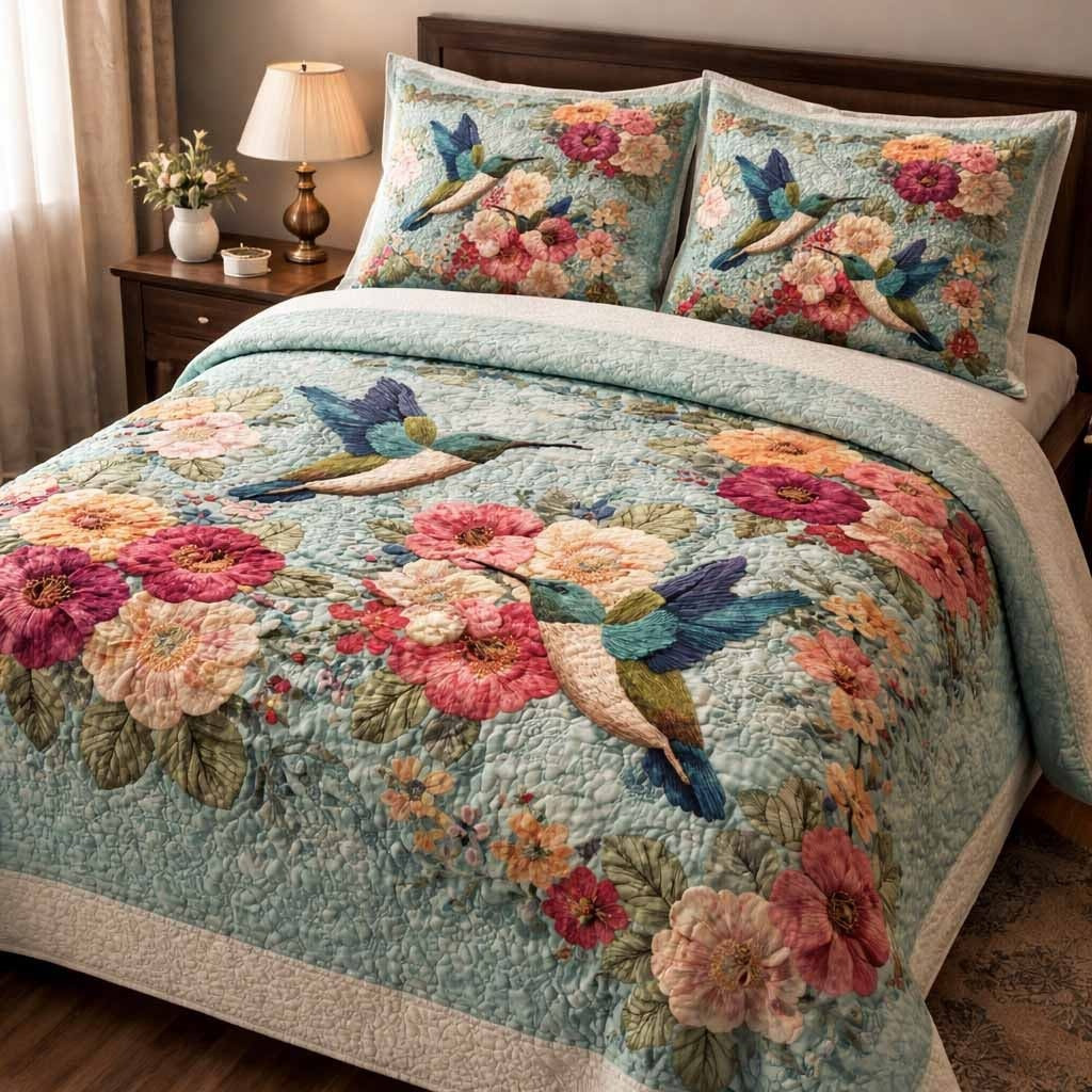Hummingbird Garden Melody Quilted Bedding Set Adorable Floral Bedspread Set Gifts For Mom