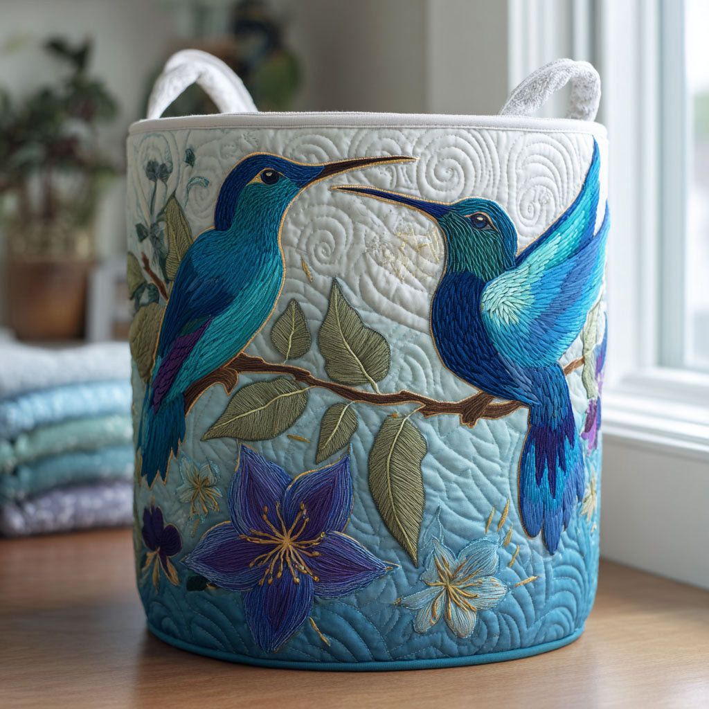 Hummingbird Garden Quilted Laundry Basket Blue Bird Storage Basket  Nature Lover Gift