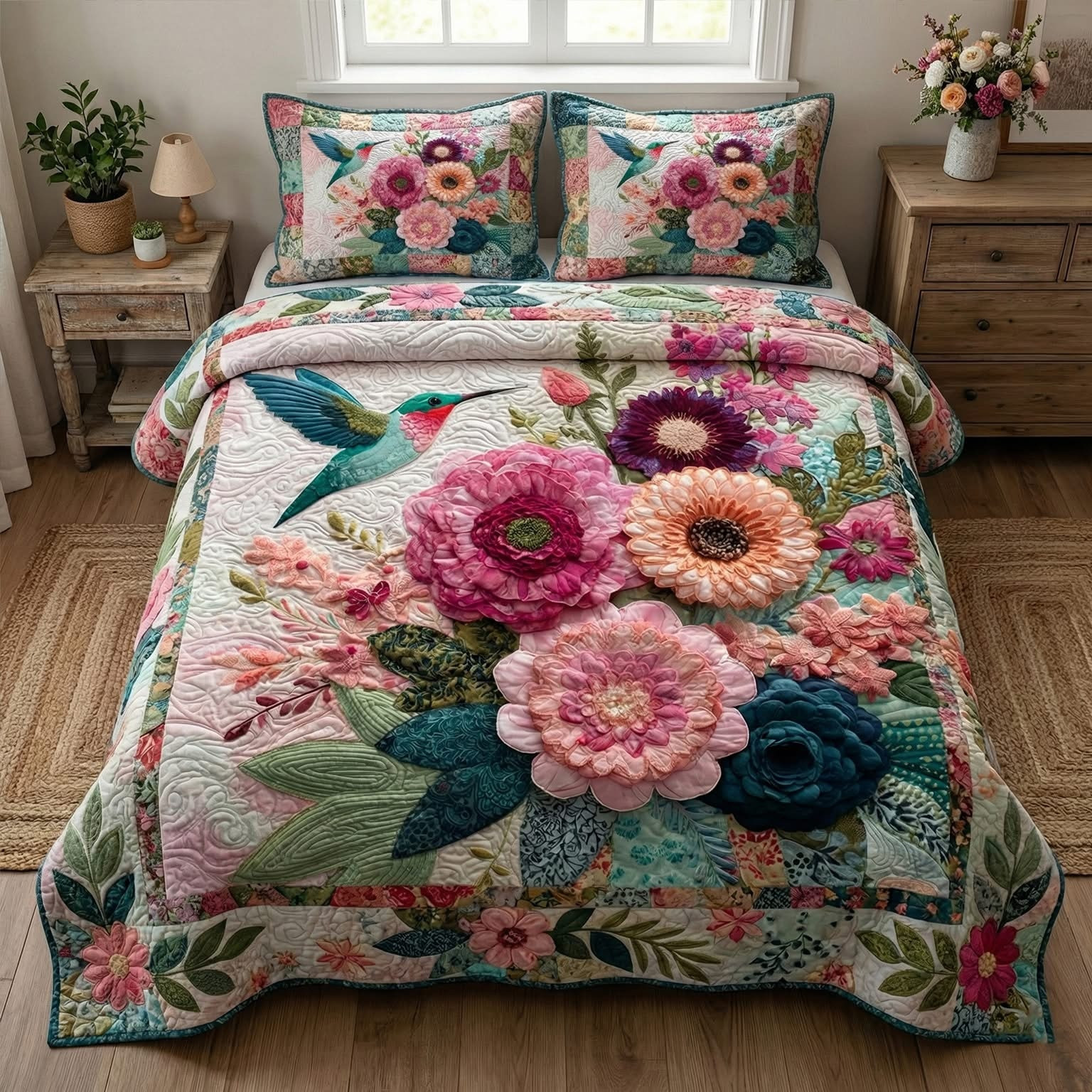 Hummingbird Garden Whisper Quilted Bedding Set Floral Bedspread Set Birthday Gift For Grandma