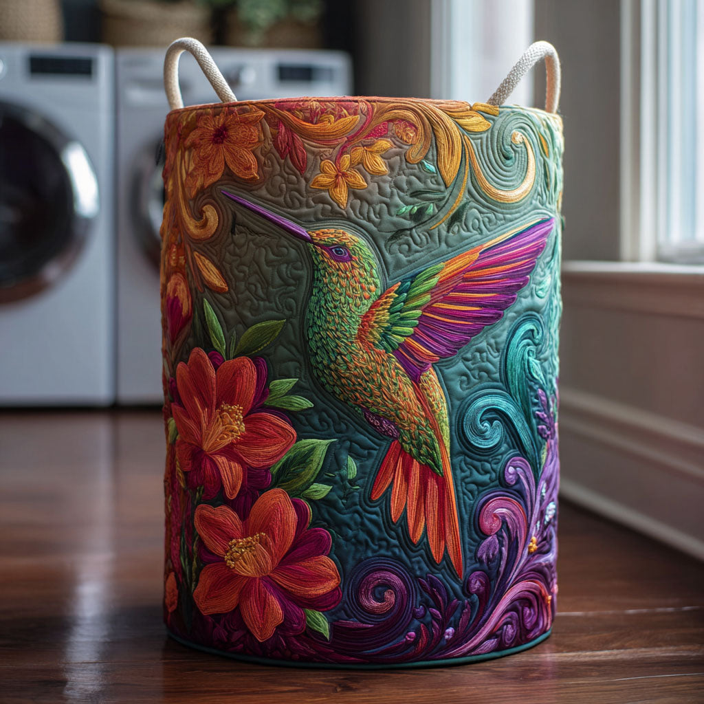 Hummingbird Glow Quilted Laundry Basket Colorful Bird Hamper Fabric Tropical Home Decor