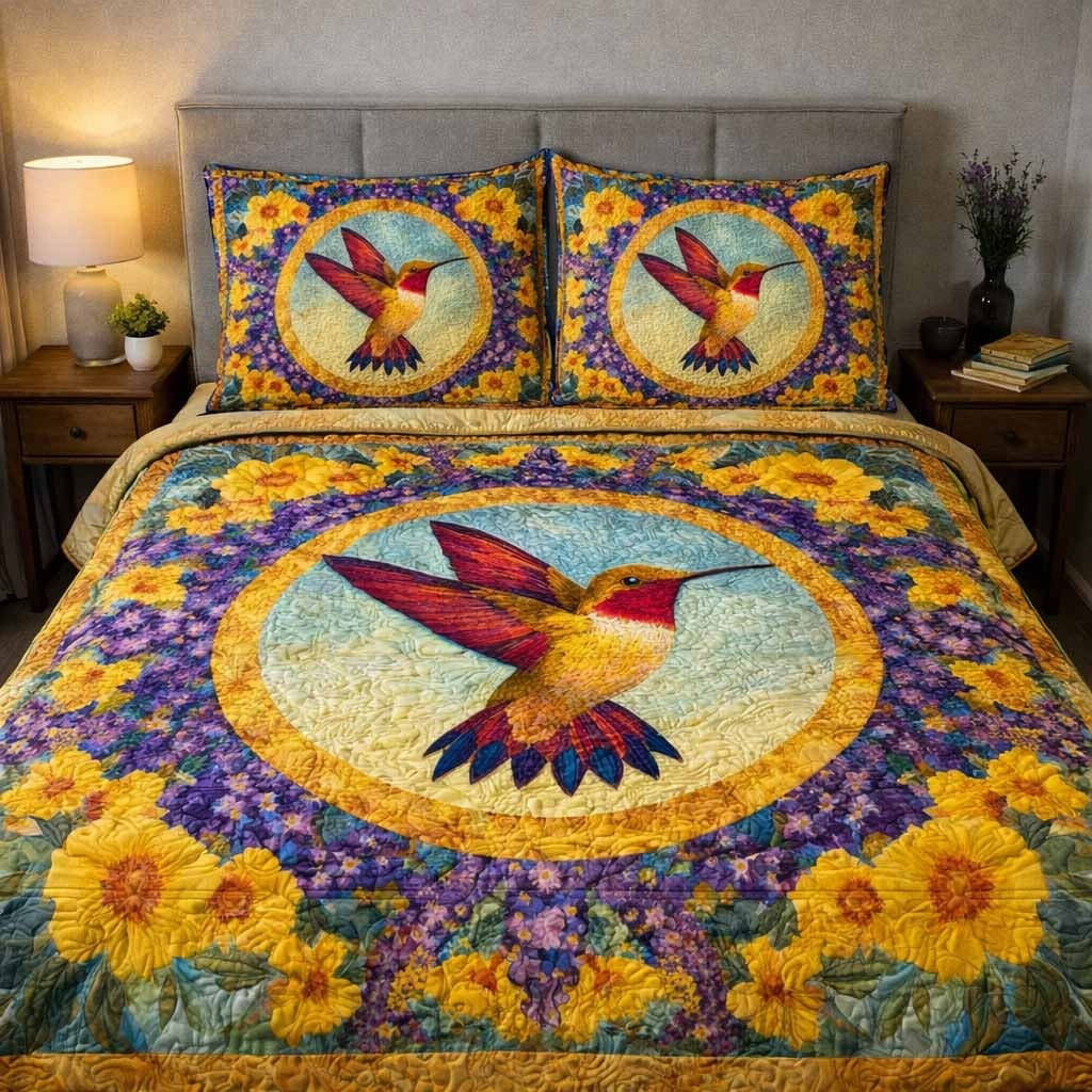 Hummingbird Golden Halo Quilted Bedding Set Vibrant Floral Comforter Set Birthday Gifts For Mom