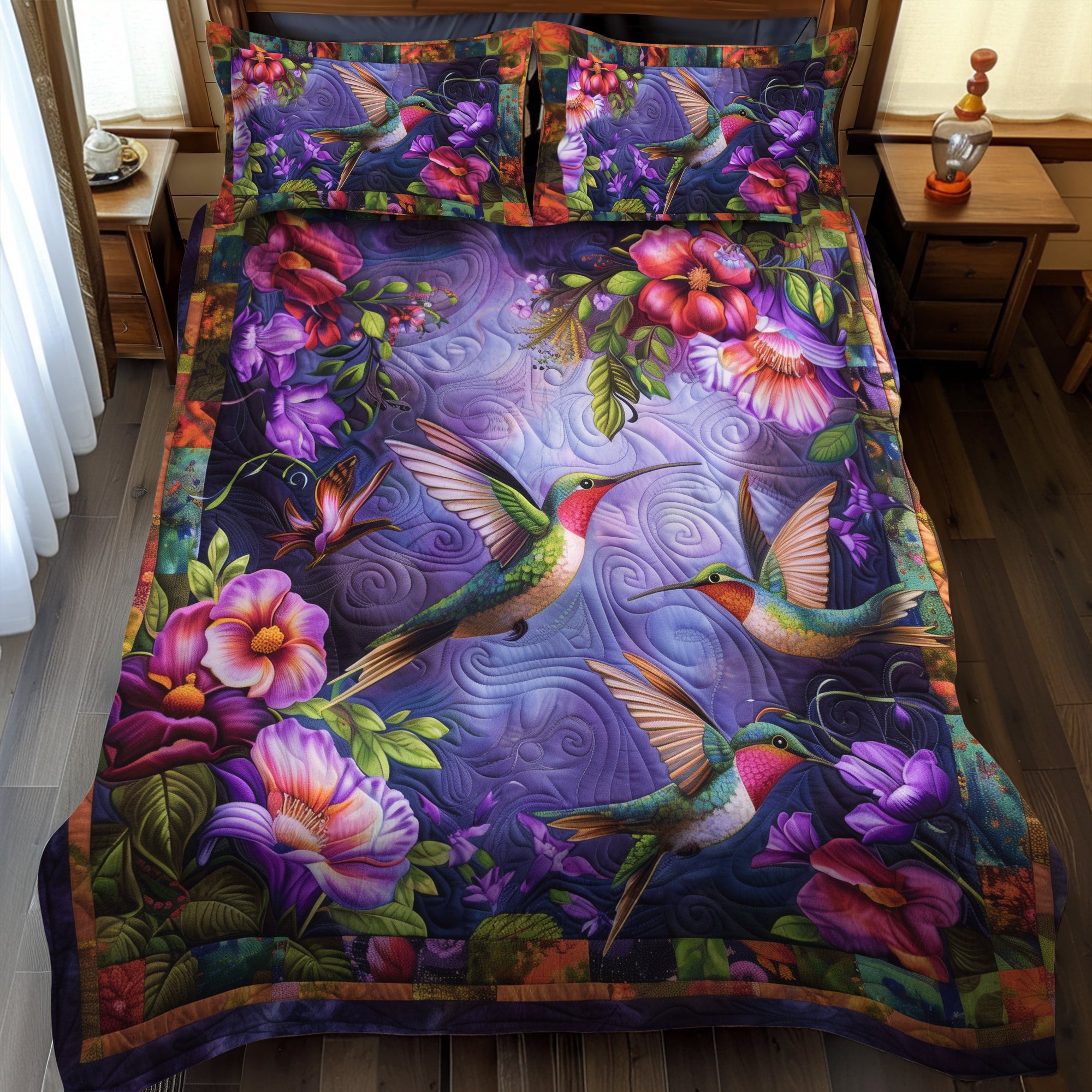 Hummingbird Haven Quilted Bedding Set Cute Room Decor Hummingbird Gifts For Women