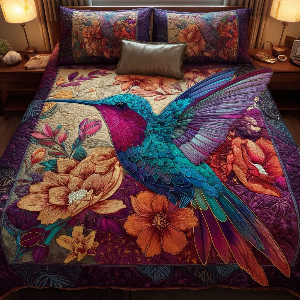 Hummingbird Haven Quilted Bedding Set Vibrant Floral Bed Sheet Set Hummingbird Themed Gifts