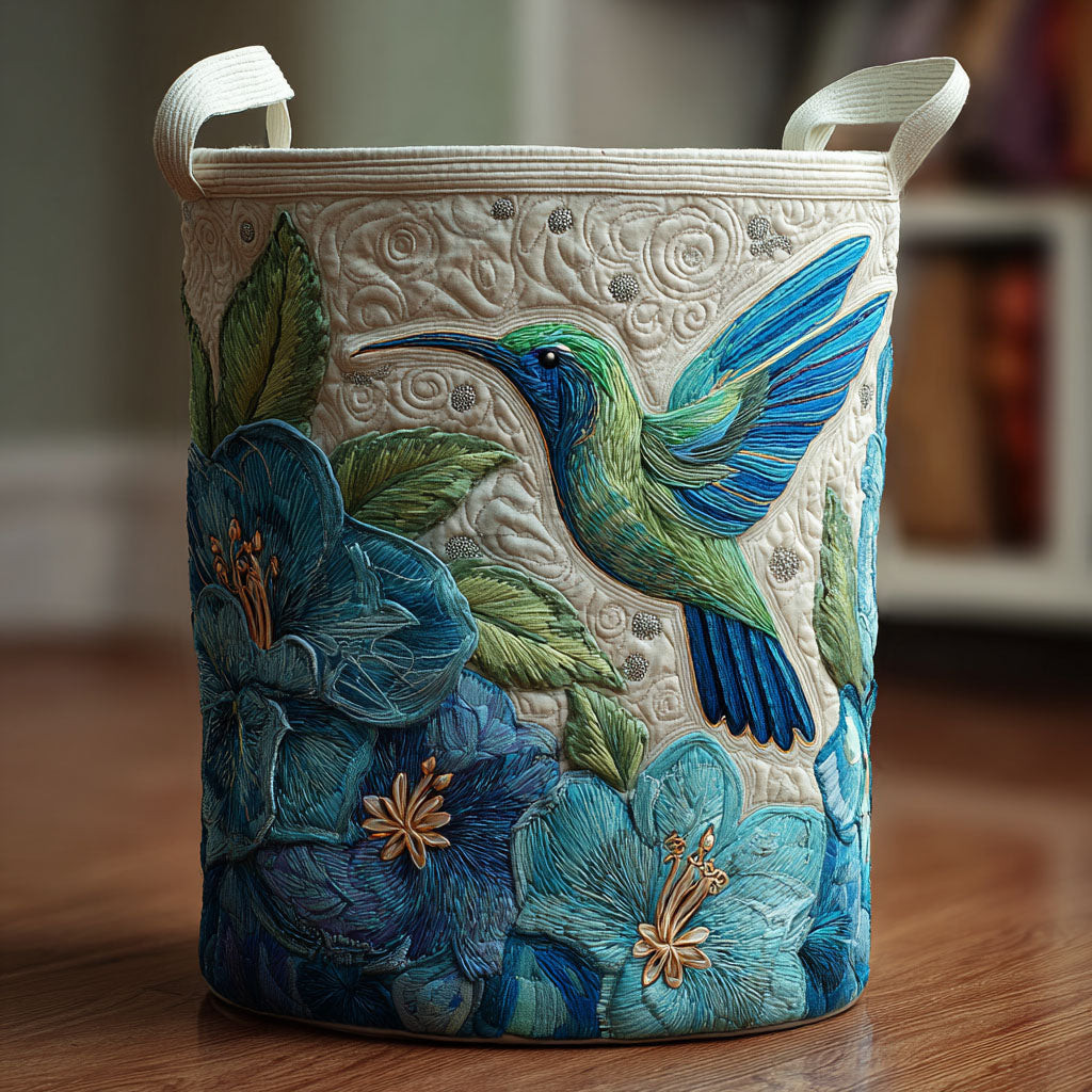 Hummingbird Haven Quilted Laundry Basket Blue Bird Hamper Fabric Gift For Mother's Day