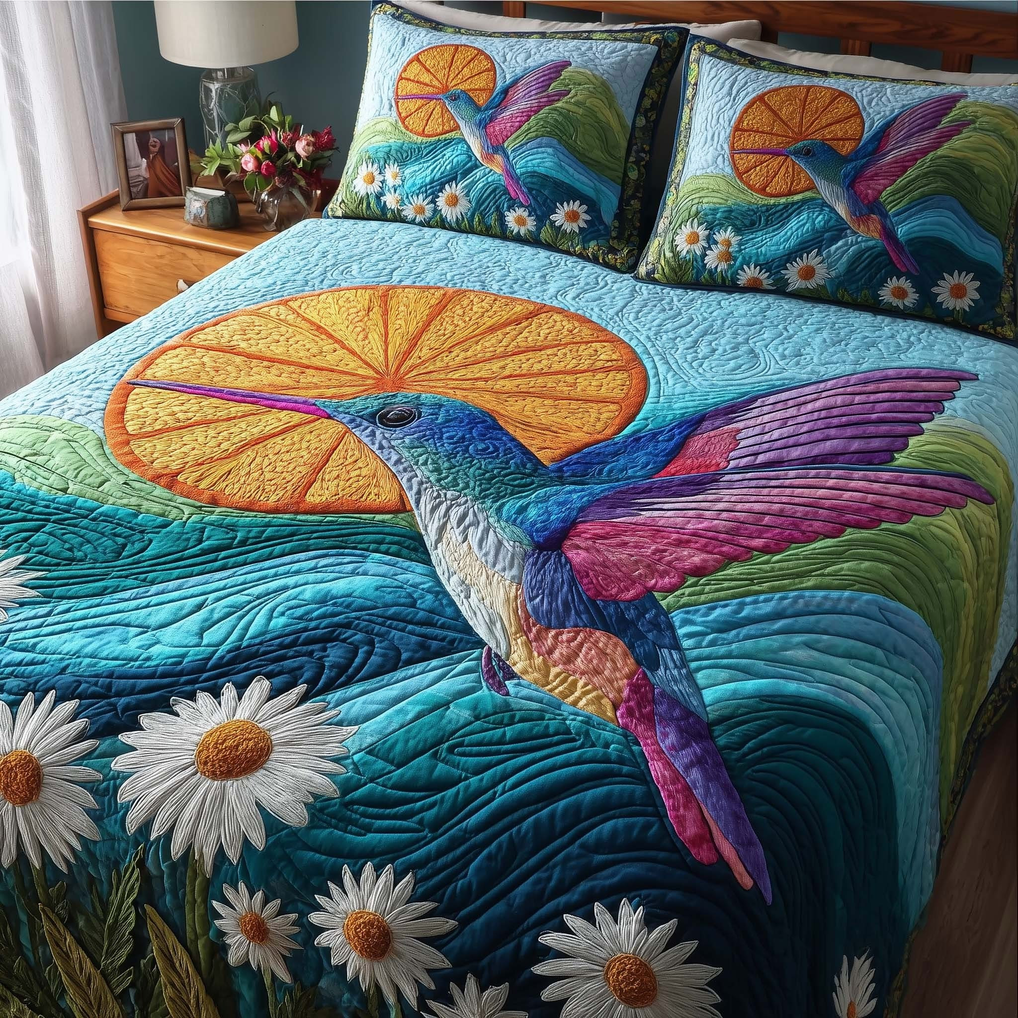 Hummingbird Heaven Quilted Bedding Set Meadow Bedsheet Set Gifts For Hummingbird Lovers