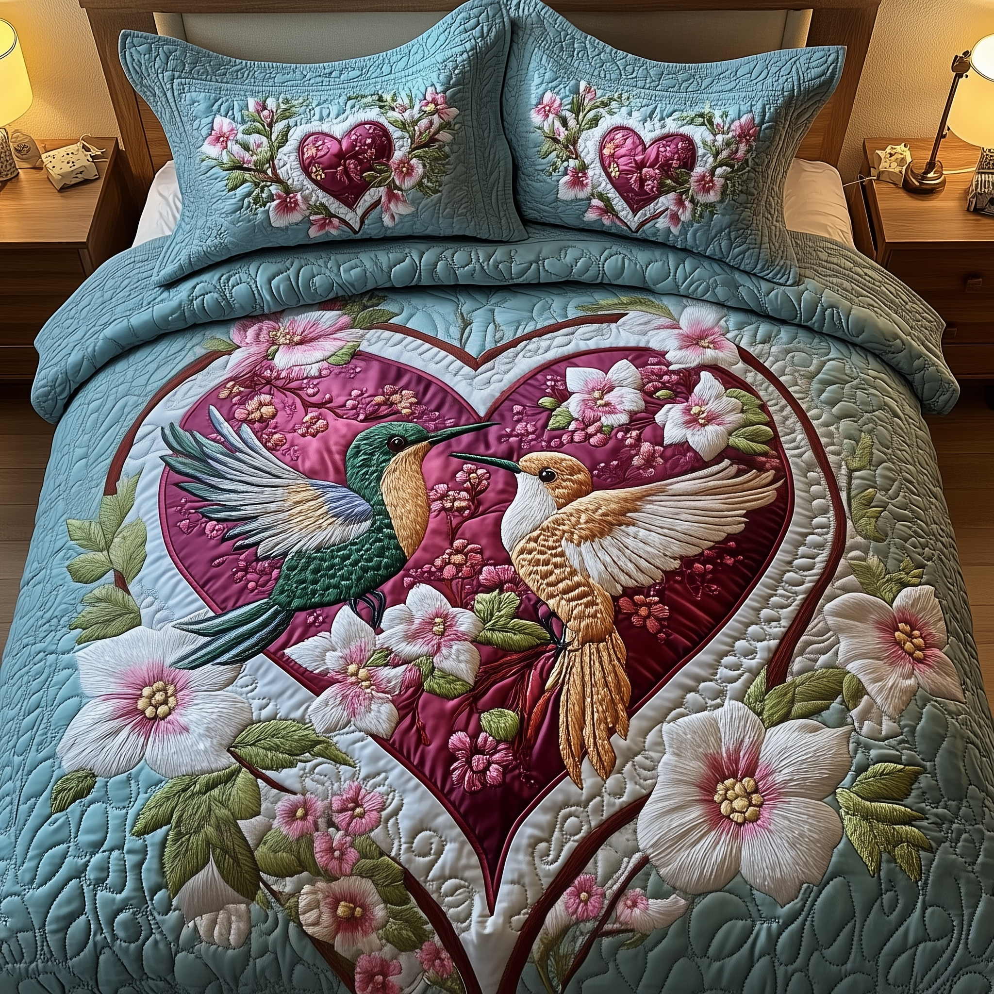 Hummingbird Love Quilted Bedding Set Boho Bedroom Decor Gifts For Hummingbird Watchers
