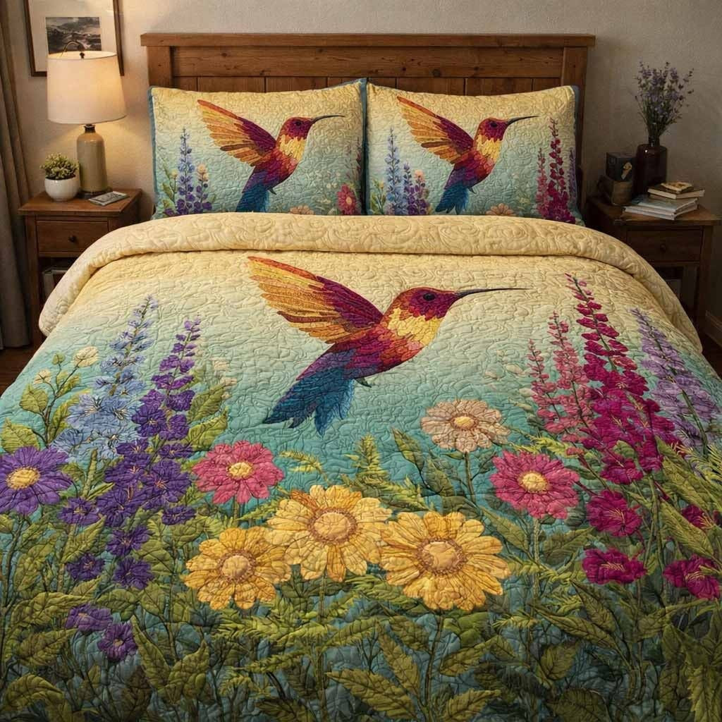 Hummingbird Meadow Flight Quilted Bedding Set Vibrant Floral Bedroom Decor Best Gifts For Mom