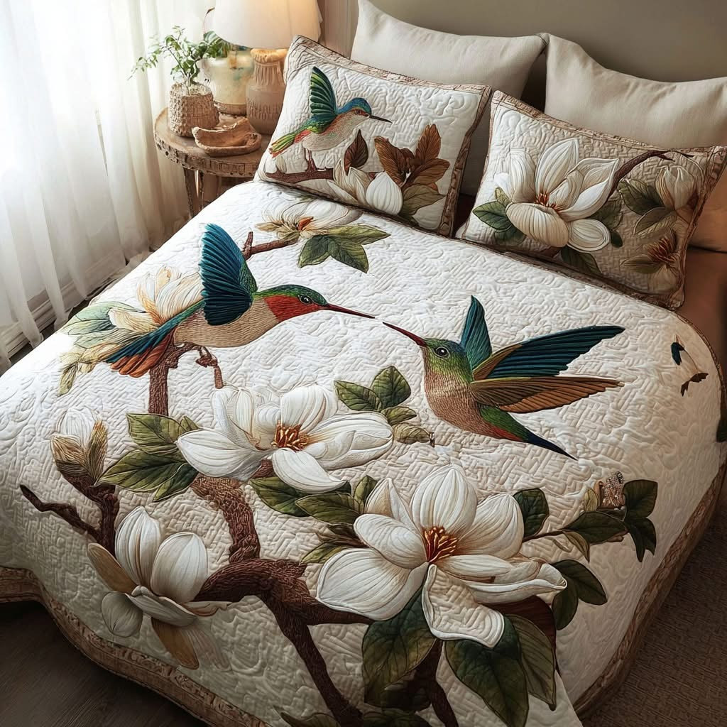 Hummingbird Nectar Kiss Quilted Bedding Set Elegant Bedspread Set Hummingbird Lover Gifts