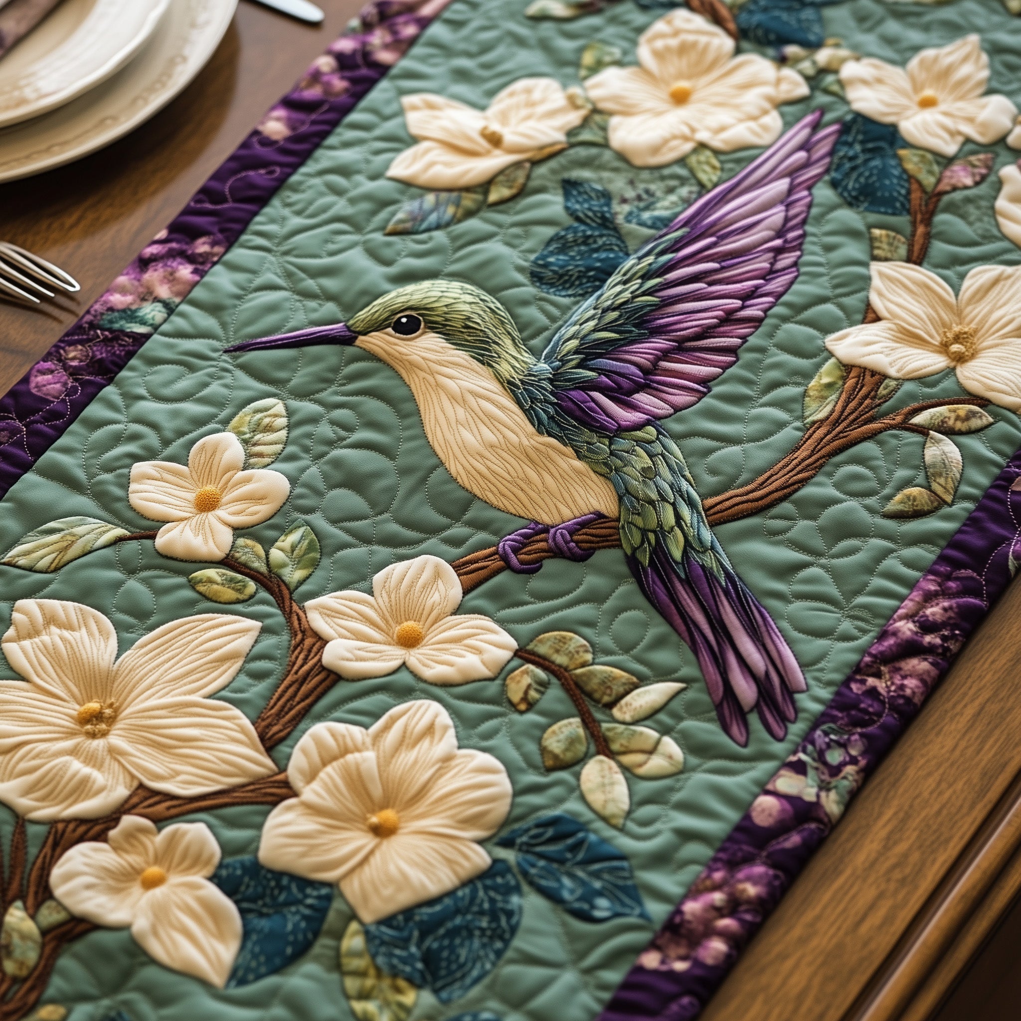 Hummingbird Paradise Quilted Table Runner Flower Table Cover Gifts For Hummingbird Watchers