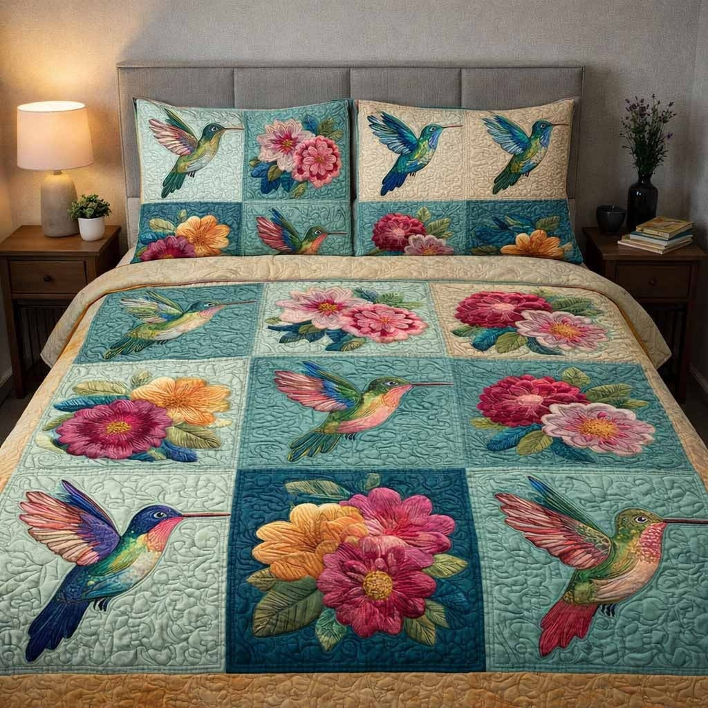 Hummingbird Patchwork Wings Quilted Bedding Set Floral Duvet Cover Set Mother Daughter Gifts