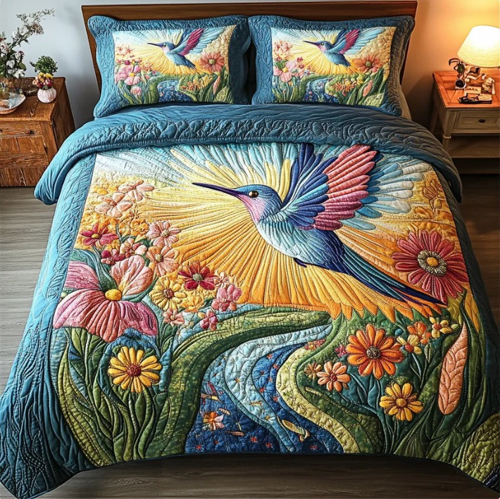 Hummingbird Quilted Bedding Set Floral Bedroom Decor Best Gifts For Hummingbird Lovers