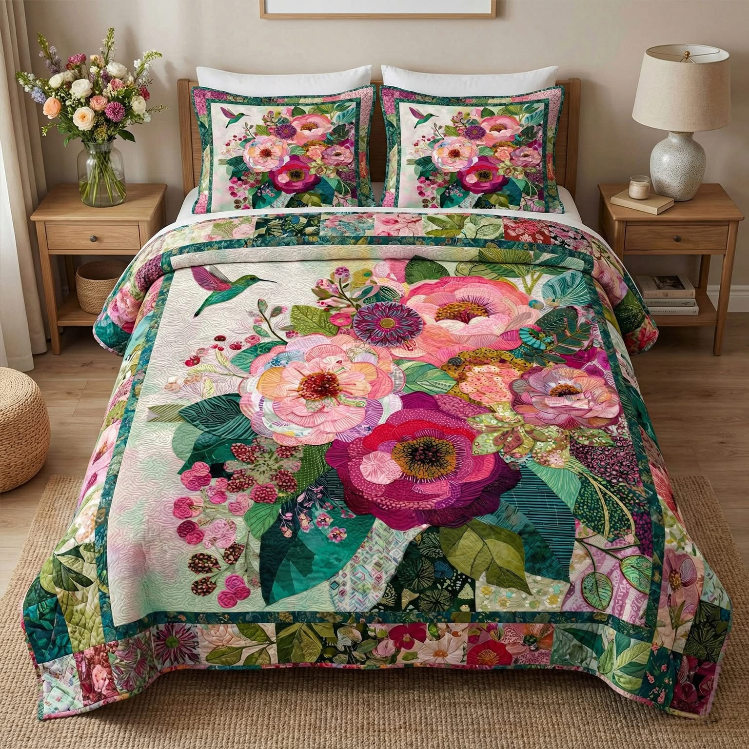 Hummingbird Radiant Bloom Quilted Bedding Set Best Bedding Comforter Sets Gifts For Mother