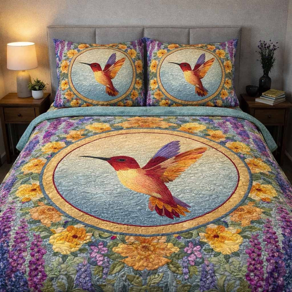 Hummingbird Sunrise Quilted Bedding Set Floral Bedspread Set Hummingbird Lovers Gifts For Mom