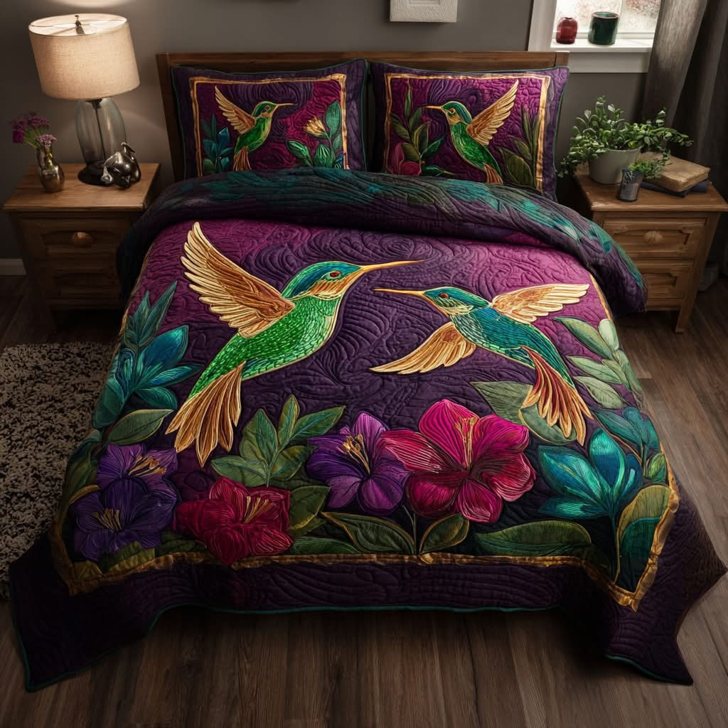 Hummingbird Tropical Flutter Quilted Bedding Set Bedroom Decor Hummingbird Lover Gifts For Mom