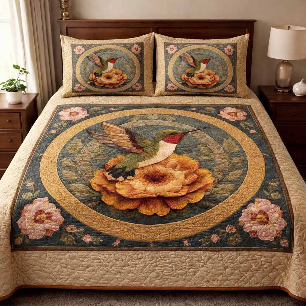 Hummingbird Vintage Nectar Quilted Bedding Set Cute Floral Sheets Special Birthday Gift For Mom