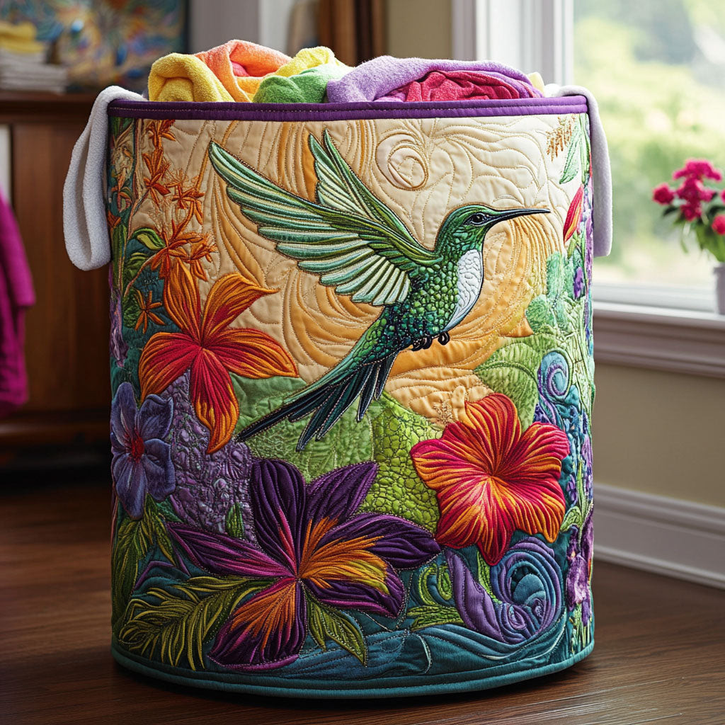 Hummingbird Whisper Quilted Laundry Basket Floral Bird Clothing Hamper Gift For Wife