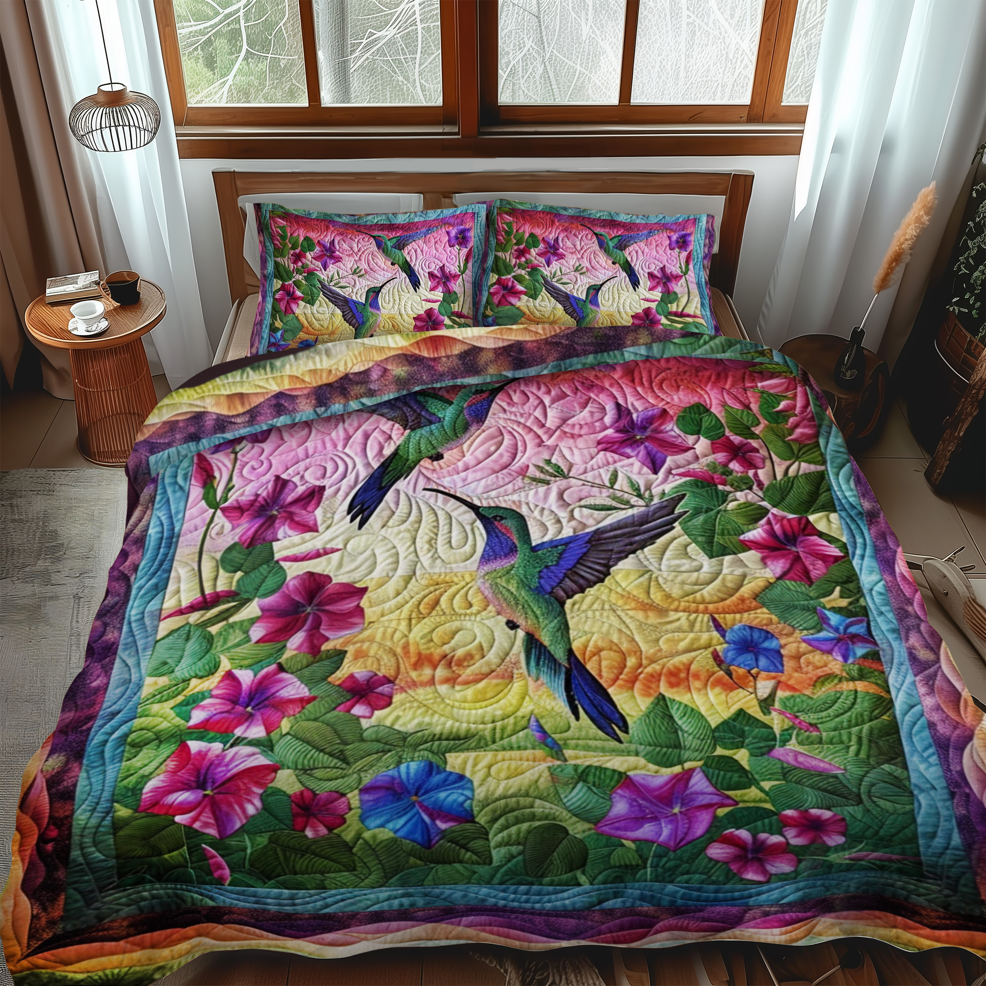 Hummingbird With Sunset Quilted Bedding Set Cute Boho Comforter Sets Gift For Hummingbird Lovers