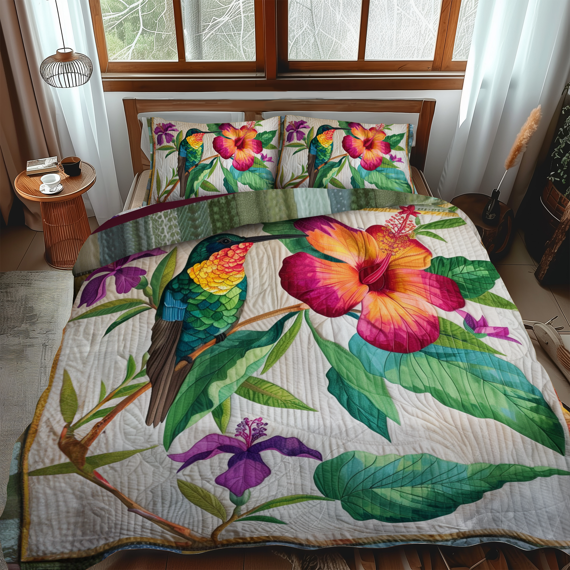 Hummingbird With Tropical Hibiscus Quilted Bedding Set Best Bed Sheet Set Beautiful Hummingbird Gifts
